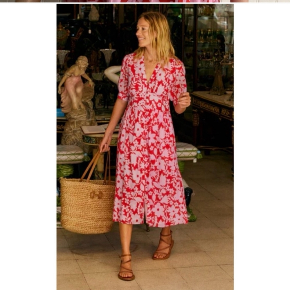 Boden Floral Elsa Crinkle Midi Tea Dress Flame Scarlet Tulip Garden size 12R